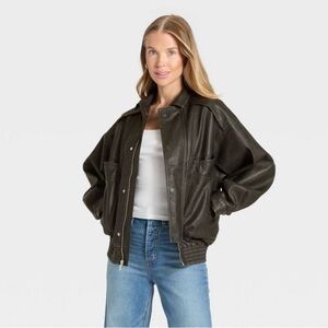 Women's Relaxed Faux Leather Bomber Jac Black Size XL
